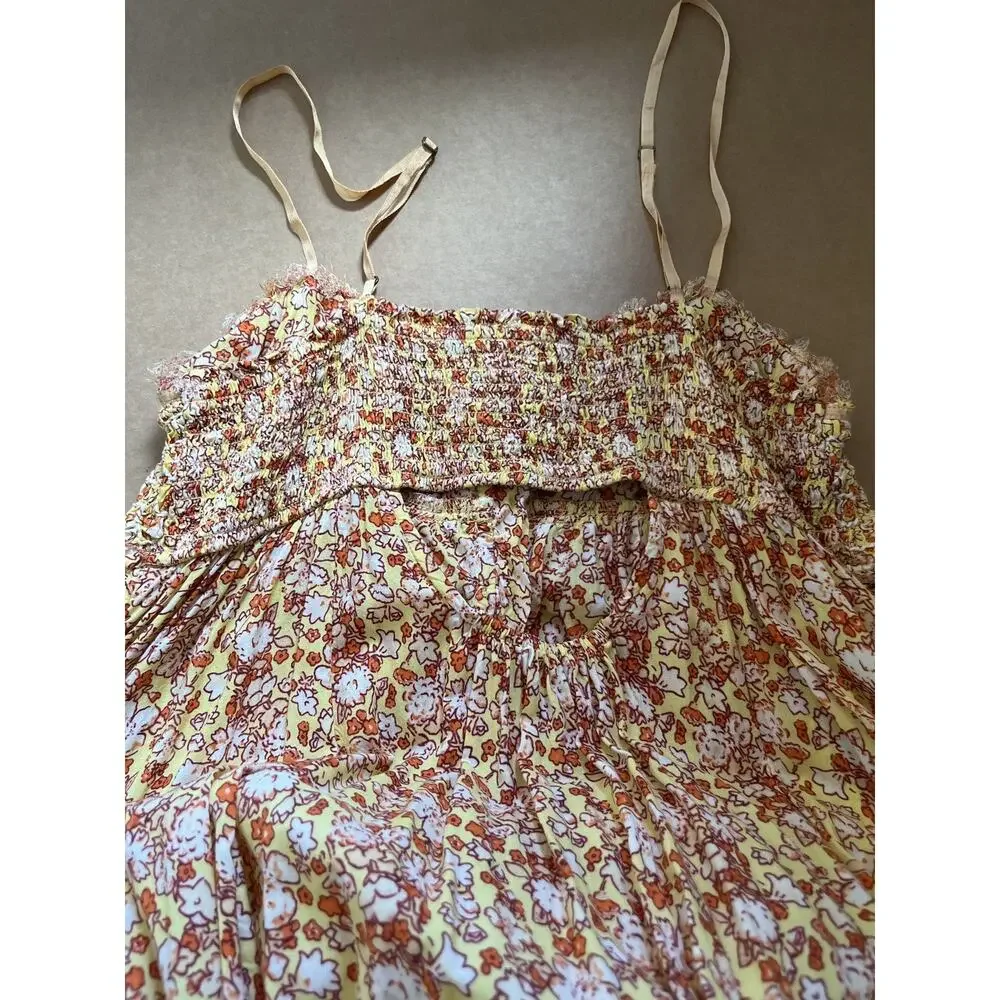 Free People Molly Jo Floral Maxi Dress Womens XL Smocked Open Back Boho